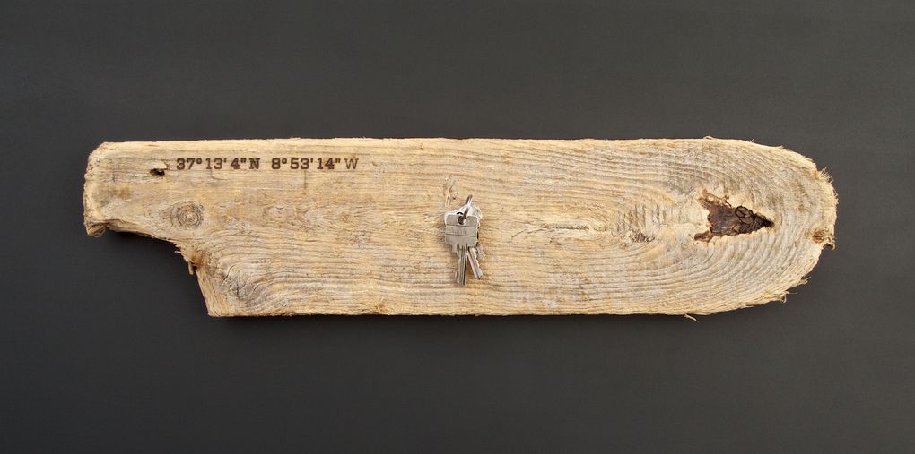 Magnetic Driftwood Board 37° 13' 4" North 8° 53' 14" West made from driftwood found on the beach in Portugal, Atlantic Ocean. To use as a magnetic board for keys, knives, photos or pictures.