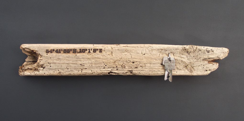 Magnetic Driftwood Board 54° 41' 56" North 10° 1' 8" East made from driftwood found on the beach in Germany, Baltic Sea. To use as a magnetic board for keys, knives, photos or pictures.