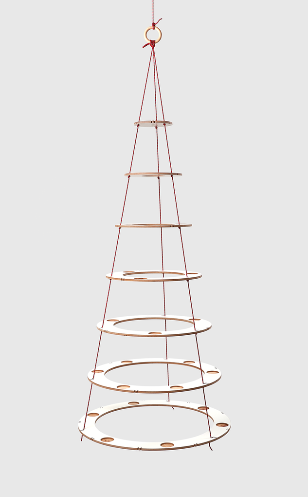 Eco friendly Christmas tree made of wood in white with red ropes, which is reusable every year and can be individually decorated. A minimalist alternative to the traditional Christmas tree.