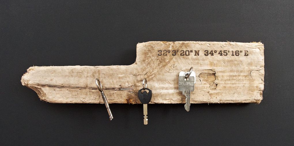 Magnetic Driftwood Board 32° 3' 20" North 34° 45' 16" East made from driftwood found on the beach in Israel, Mediterranean Sea. To use as a magnetic board for keys, knives, photos or pictures.