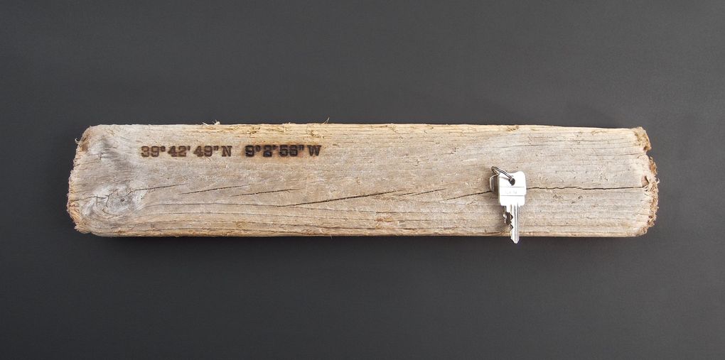 Magnetic Driftwood Board 39° 42' 49" North 9° 2' 56" West made from driftwood found on the beach in Portugal, Atlantic Ocean. To use as a magnetic board for keys, knives, photos or pictures.