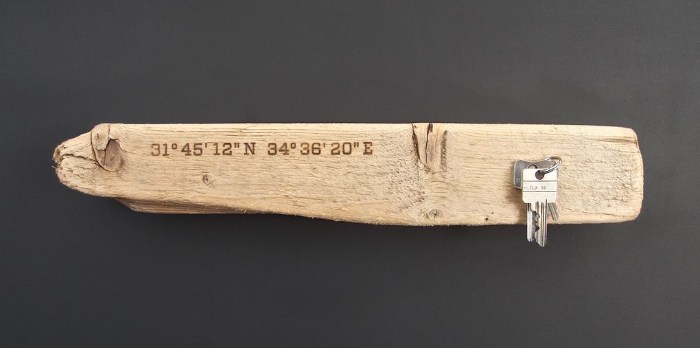 Magnetic Driftwood Board 31° 45' 12" North 34° 36' 20" East made from driftwood found on the beach in Israel, Mediterranean Sea. To use as a magnetic board for keys, knives, photos or pictures.