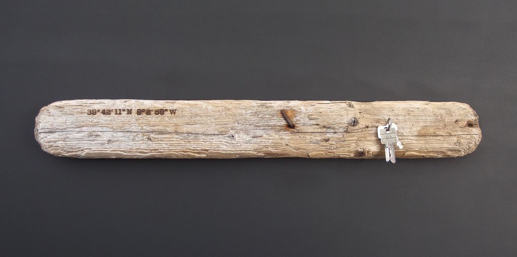 Magnetic Driftwood Board 39° 42' 11" North 9° 2' 59" West made from driftwood found on the beach in Portugal, Atlantic Ocean. To use as a magnetic board for keys, knives, photos or pictures.